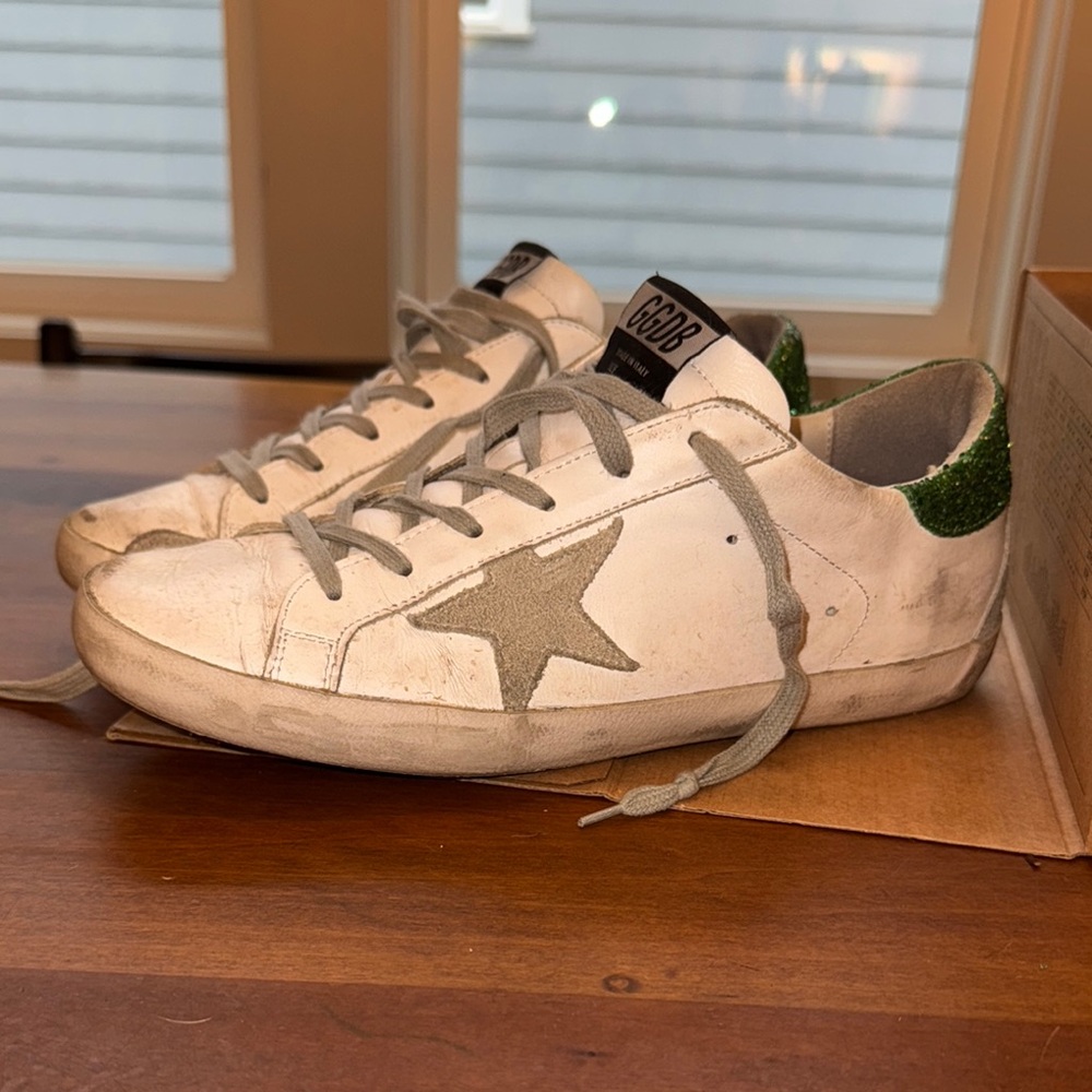Golden Goose Superstar white leather green glitter heel